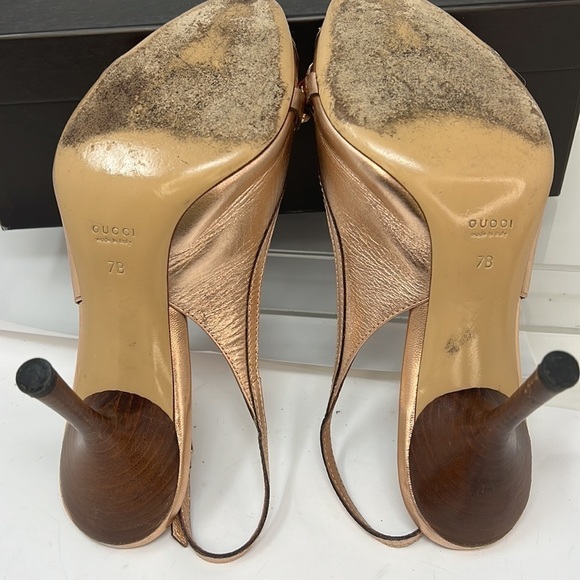 Gucci Sz 7 B Rosegold Rose Gold Leather Slingback Bamboo Horse Bit Heels - Picture 10 of 12